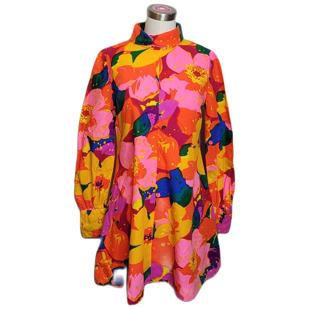 Neon Mod Mini Dress Handmade Bright Floral Long Sleeves Size Small Med Vintage